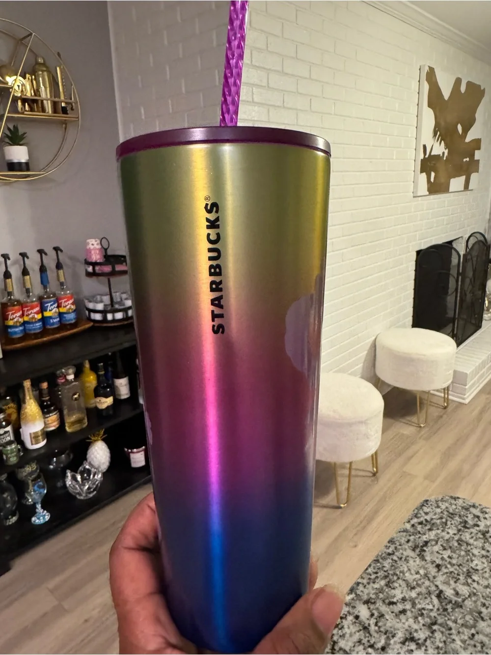 Starbucks Multicolor Iridescent Tumbler with Purple Lid and Straw